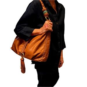 Shanghai Tang Tan Leather Hobo Bag With Jade Bangles Barely Used